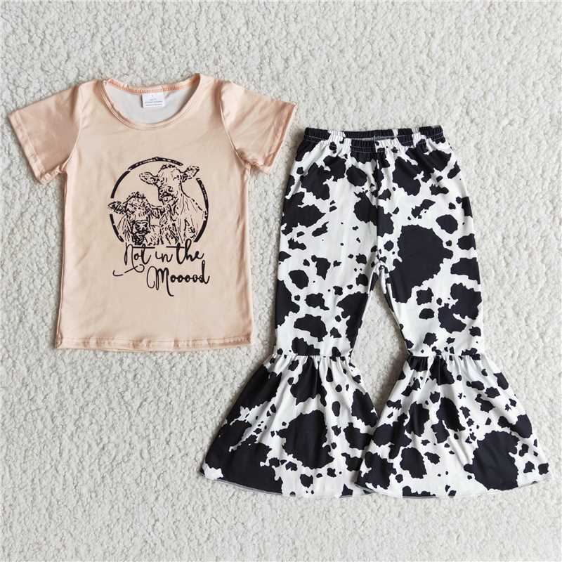 C4-13 Letter Top Bow Cow Flared Pants Set
