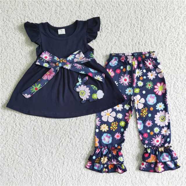 B10-15 dark blue easter bunny embroidery sleeve short shirt  pants outfits