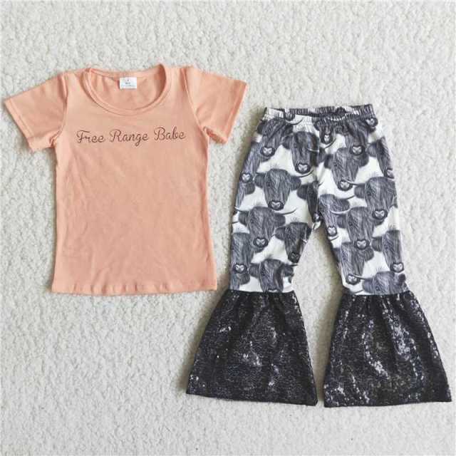 C13-5 flesh pink letters grey bull head sleeve short shirt  pants outfits