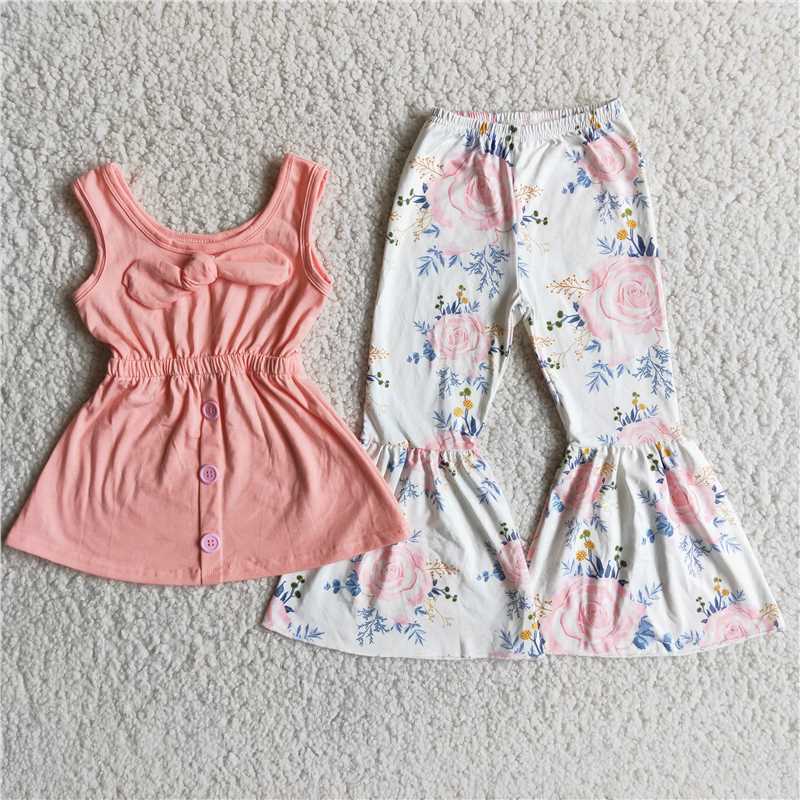 D8-15 coral double shoulder bow sleeve short shirt  pants outfits