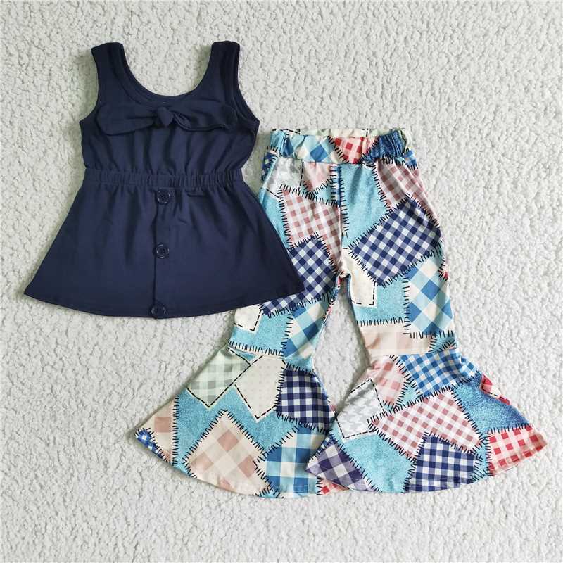 D9-30 dark blue checkered stripe patch sleeveless short shirt  pants outfits