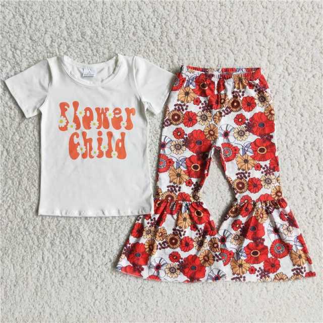 C9-14  white flowers child sleeve short shirt  pants outfits