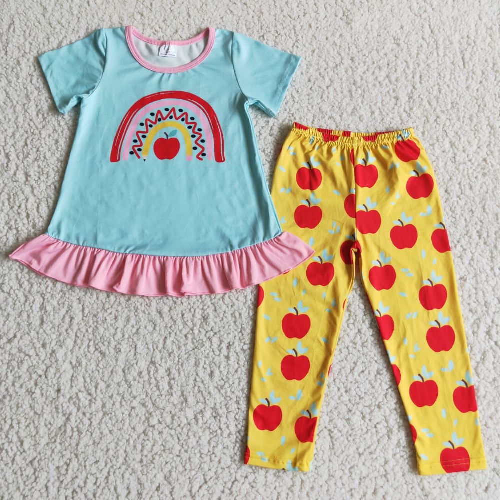 D3-28 light blue apple print short shirt pants outfits
