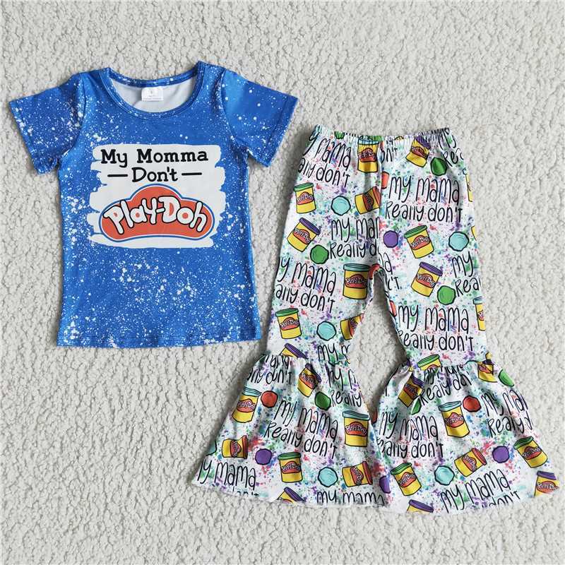 D11-3 blue letters print sleeve shirt pants outfits