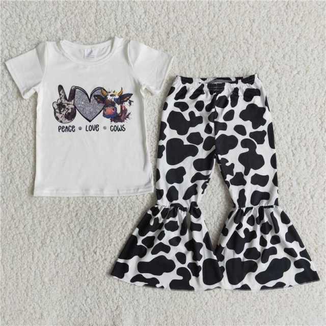 E12-26 white peace and love cows leeves shirt cow pattern print pants outfits