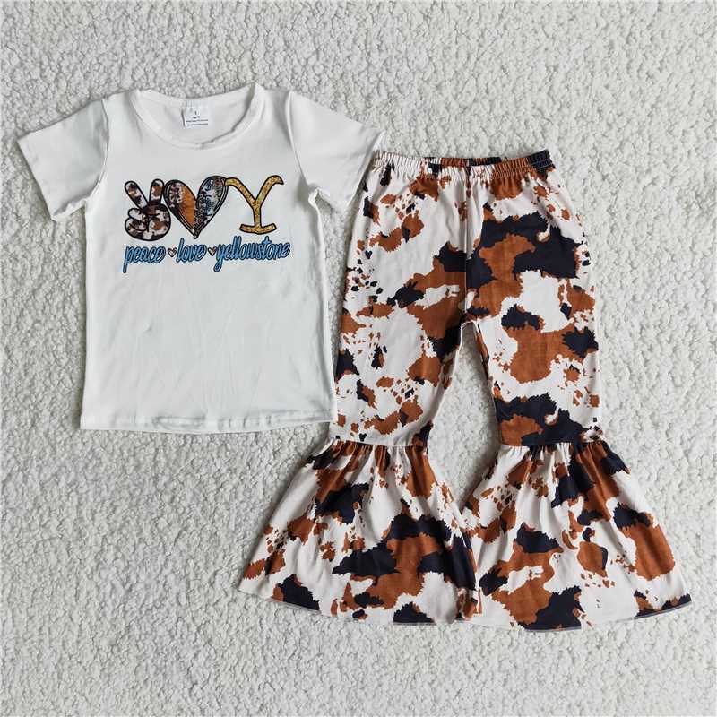 E11-13 white gesture sleeves shirt cow pattern print pants outfits