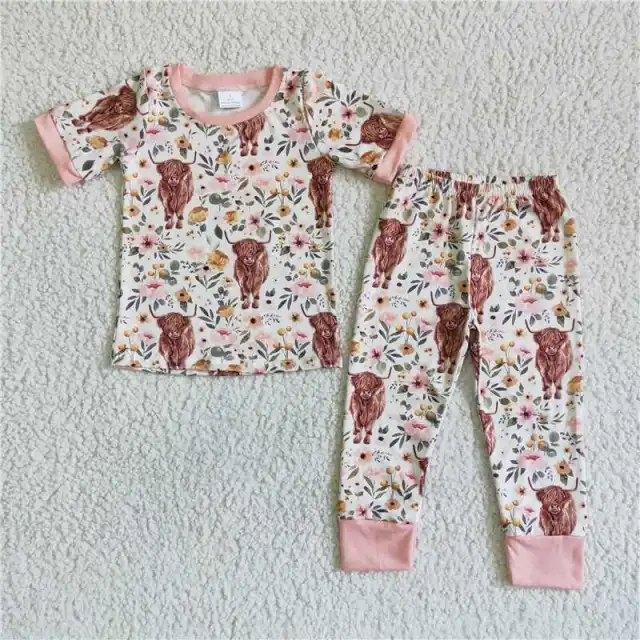 C2-14 pink floral print cow shirt pants outfits