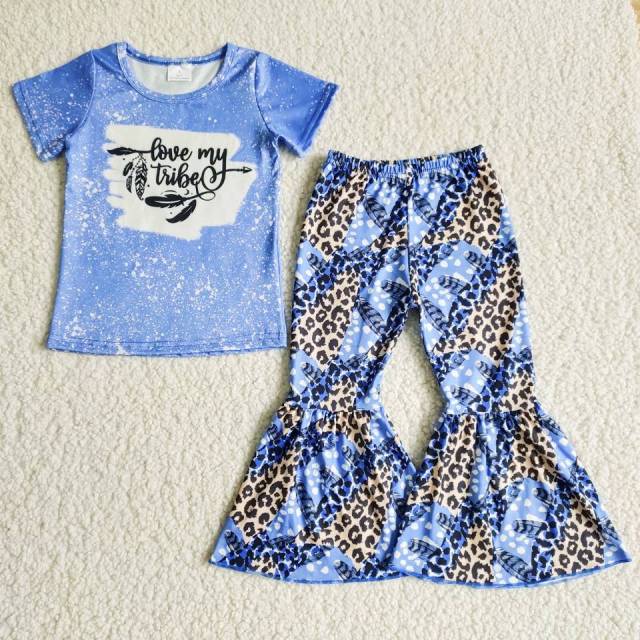 B8-25 blue leopard print letters sleeves shirt pants outfits