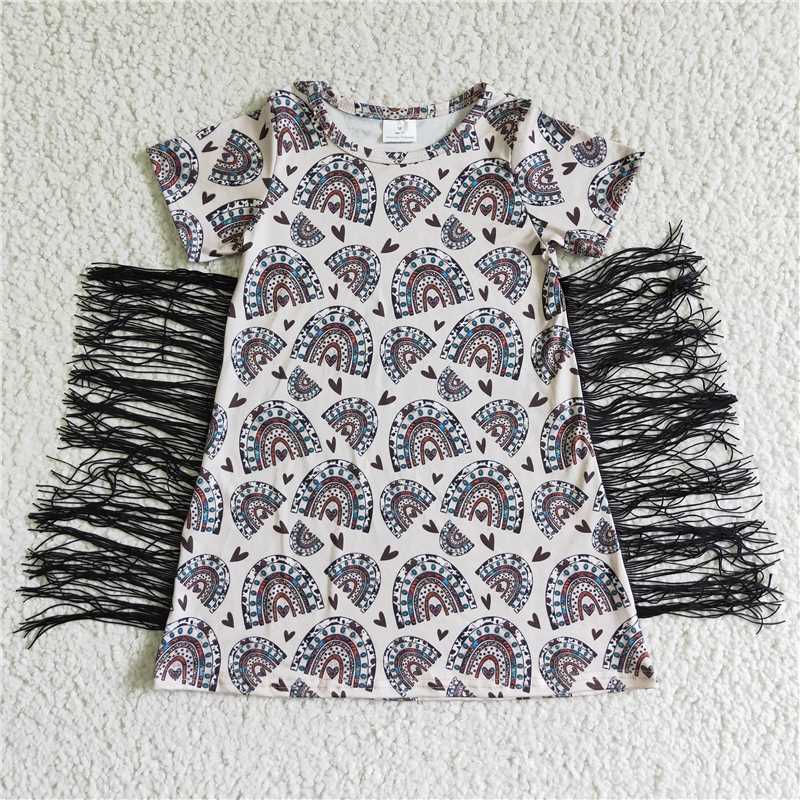 GSD0101 kids white leopard print rainbow tassel short sleeve  girl dress