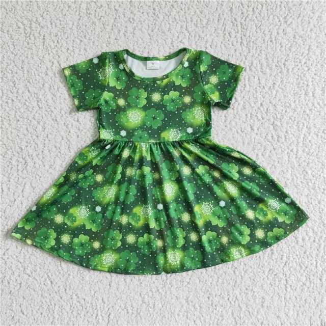 A8-10 Kids green leaves sleeve girl dress