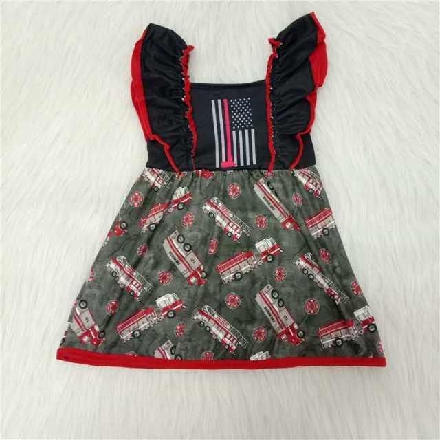 C15-17 Kids bus print red lace sleeve girl dress