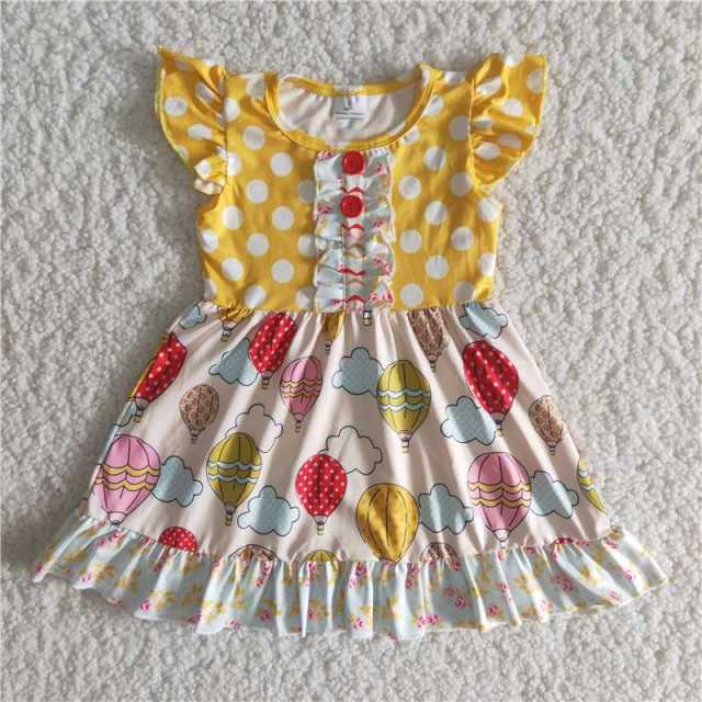 C10-1 Kids yellow hot air ballon print sleeve girl dress