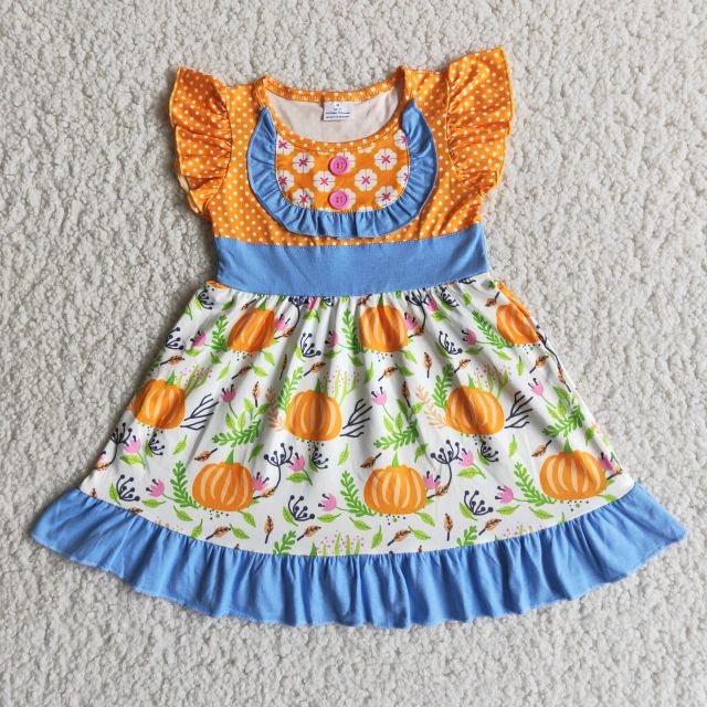 D4-13 Kids orange pumpkin buckle sleeve girl dress