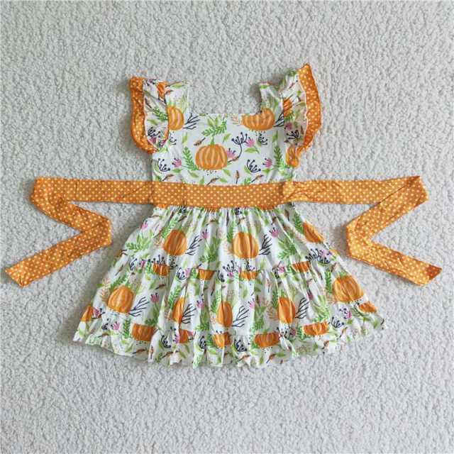 B15-2 Kids yellow pumpkin flying sleeve girl dress