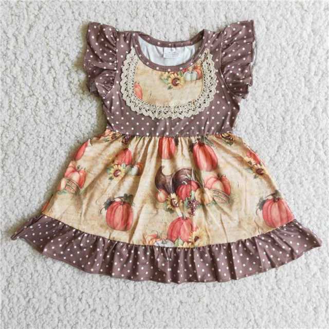 A4-24 Kids pumpkin sunflower flying sleeve girl dress