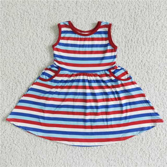 A1-13-2 Kids red blue stripes print sleeve girl dress
