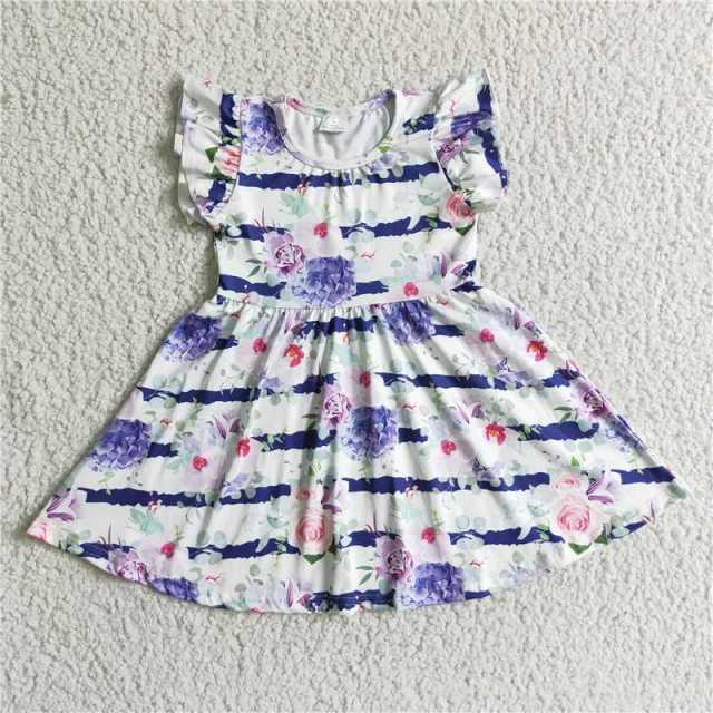 A8-6 Kids white purple flowers print sleeve girl dress