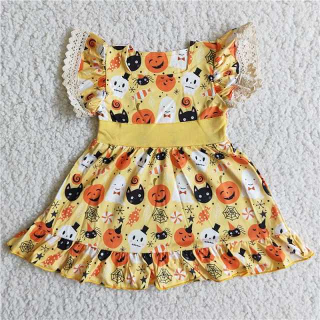 B10-9 Kids yellow pumpkin lace sleeve girl dress