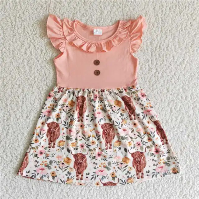 B13-30 Kids pink cow flowers print sleeve girl dress