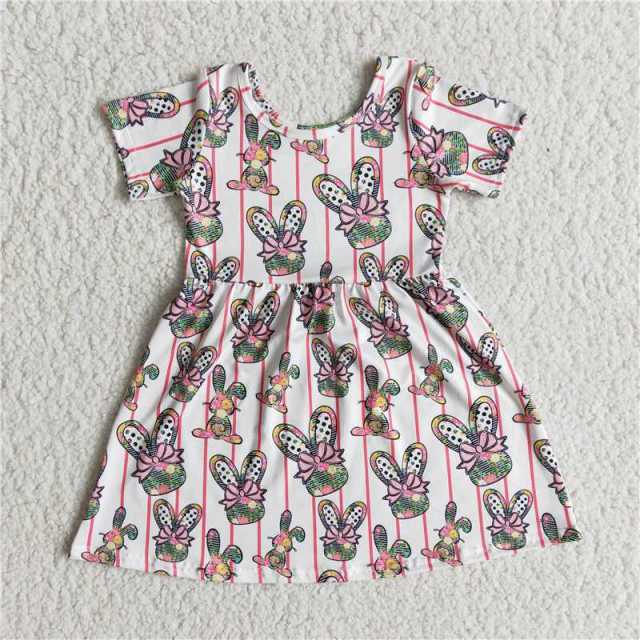 E5-18 Kids stripes bunny print sleeve girl dress