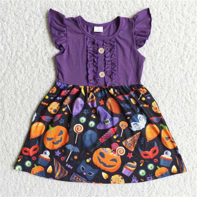 D3-26 Kids purple devil pumpkin buckle print sleeve girl dress