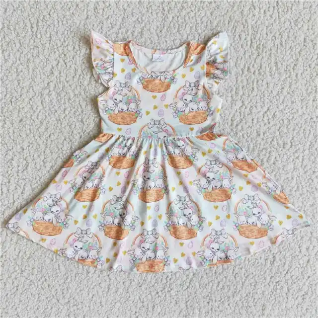 E6-1 Kids white orange bunny sleeve girl dress