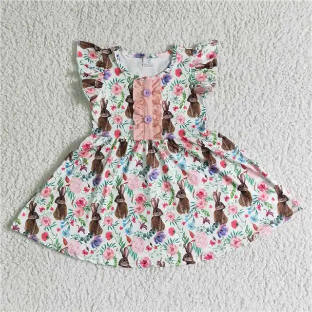B11-30 Kids bunny print sleeve girl dress
