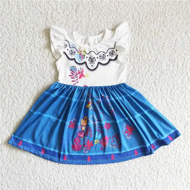 C4-30 Kids blue white flying sleeve girl dress