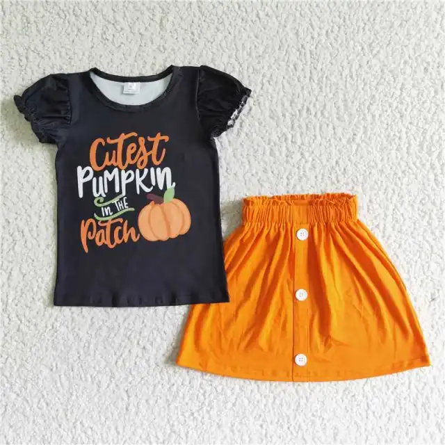 GSD0106 kids summer black pumpkin shirt orange skirt outfits