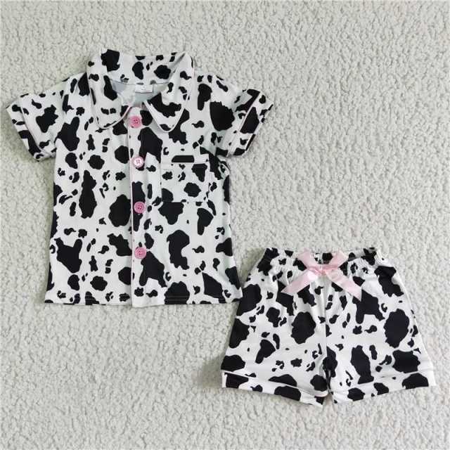 GSSO0113 kids summer cow pattern shirt shorts outfits