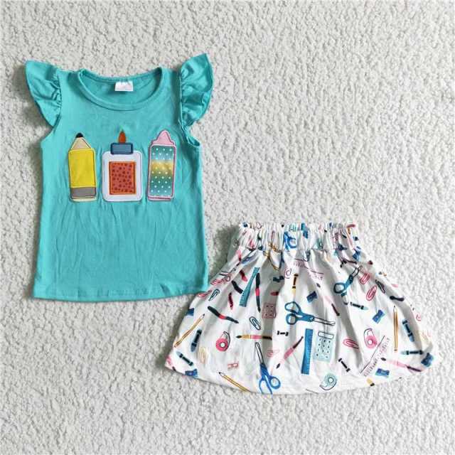 GSD0080 kids summer blue pencil shirt white skirt outfits