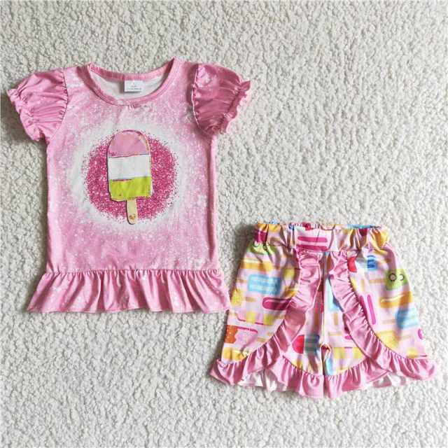 C10-26 kids pink popsicle flying sleeve shirt shorts outfits