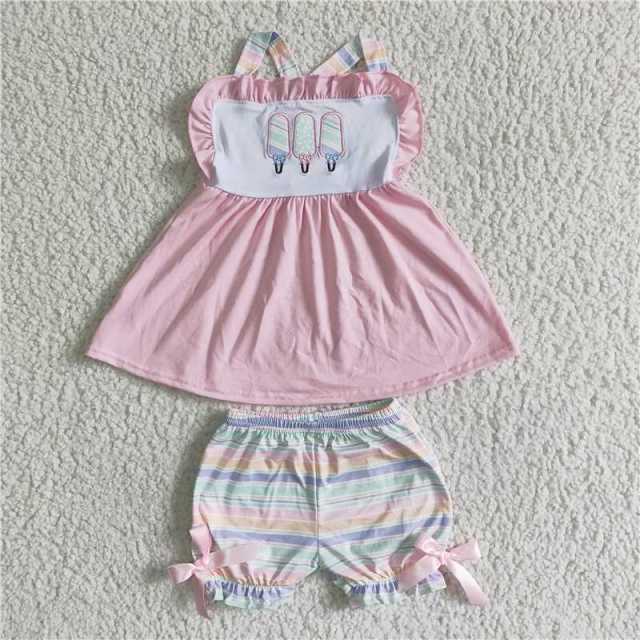 GSSO0012 kids pink popsicle sleeveless shirt stripes shorts outfits