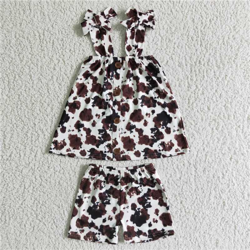 GSSO0037 kids cow pattern print sleeveless shirt shorts outfits