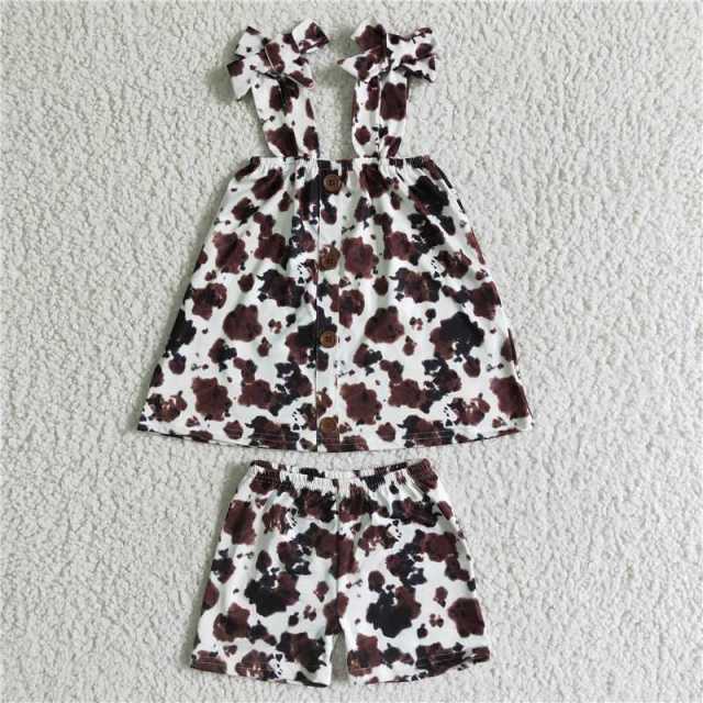 GSSO0037 kids cow pattern print sleeveless shirt shorts outfits