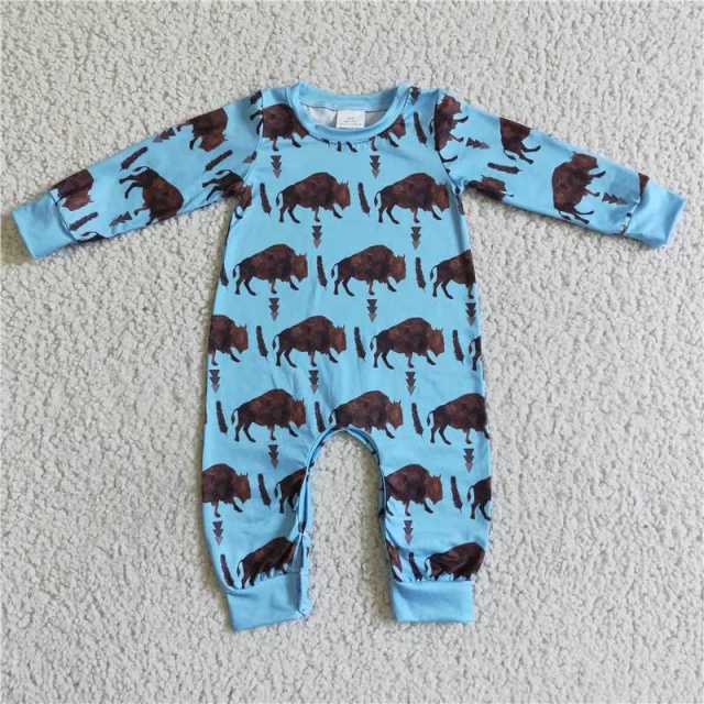 LR0057 Cow Blue Long Sleeve Romper