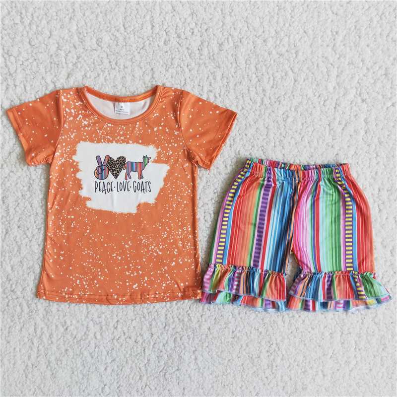 C14-22 kids orange goats print shirt color stripes shorts outfits