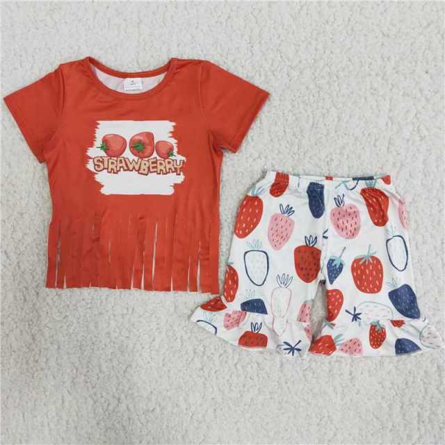 B5-4 kids orange strawberry tassel shirt shorts outfits