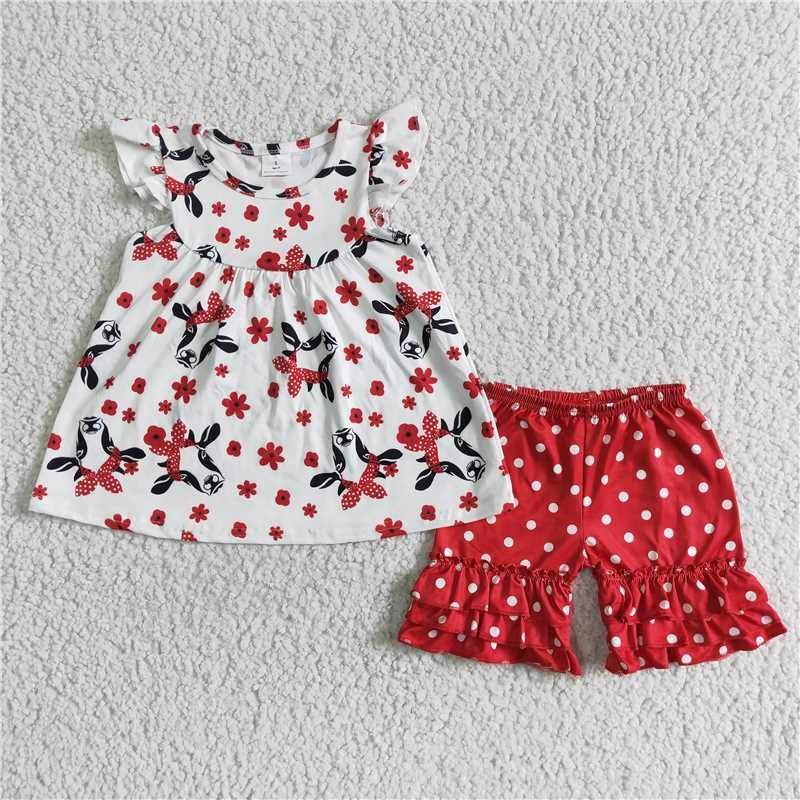 C8-21 kids white cow sleeve shirt red shorts outfits