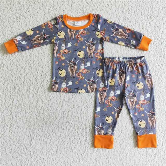 BLP0039 Boys Halloween Alpine Cow Long Sleeve Pants Pajama Set