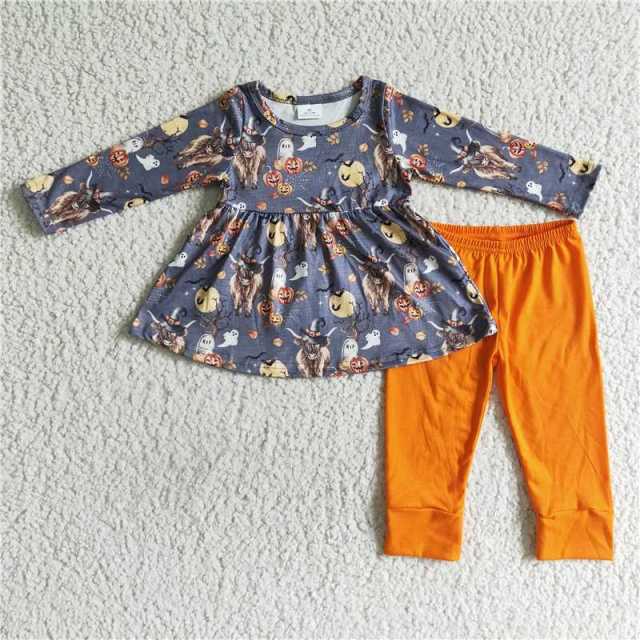 GLP0112 Girls Alpine Cow Pumpkin Long Sleeve Pants Set