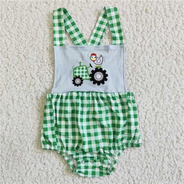 SR0019 Girls Vest Embroidered Car Chick Green Plaid Romper