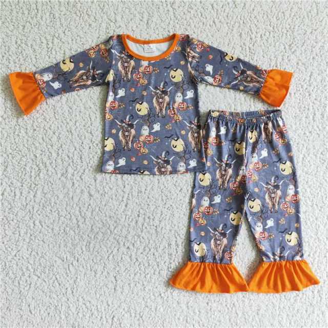 GLP0111 Girls Halloween Alpine Cow Long Sleeve Pants Set Pajamas