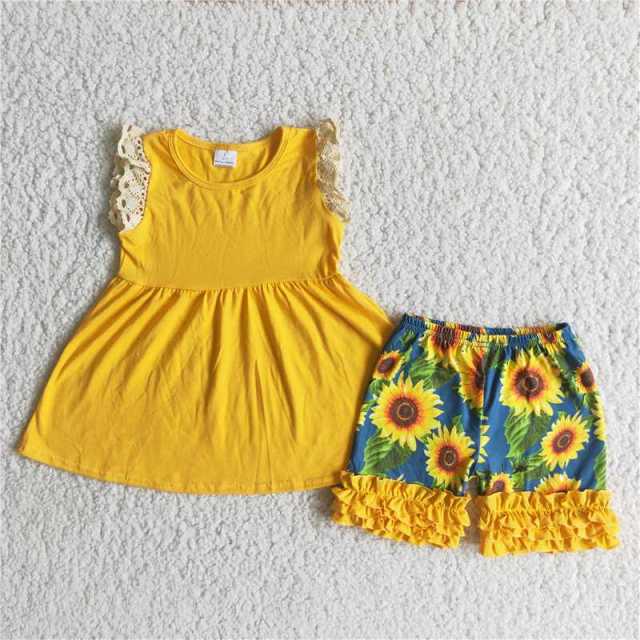 A11-13 kids yellow sleeve shirt sunflowers shorts outfits