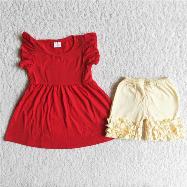 A4-1-2 kids red sleeve shirt yellow ruffle shorts outfits