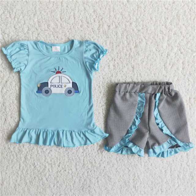 C15-38 kids blue cars sleeve shirt grey shorts outfits