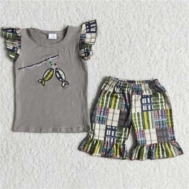 B3-15 kids grey fish sleeve shirt plaid shorts outfits