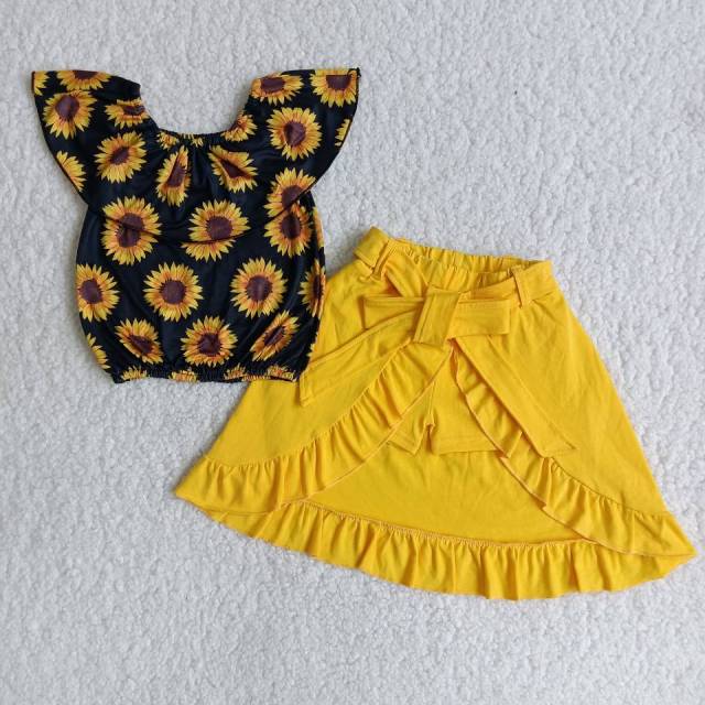 B3-14 kids black sunflowers sleeve shirt yellow skirt outfits
