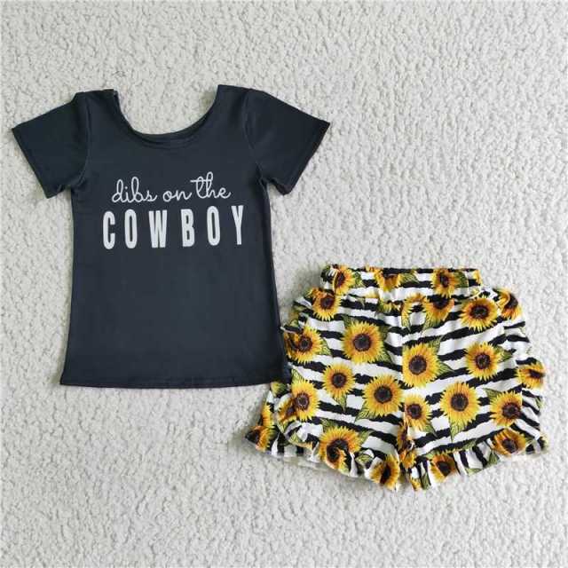B17-23 kids black letters sleeve shirt sunflowers print shorts outfits