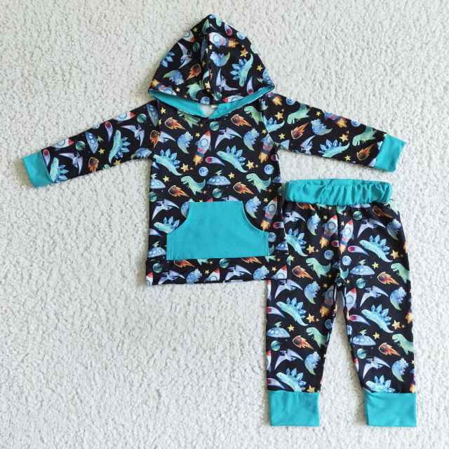 BLP0055   Boys Dinosaur Pocket Hooded Long Sleeve Pants Set